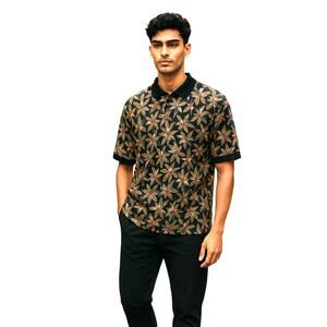 Hilo Hattie Black & Brown Floral Polo Shirt Cotton Ribbed Short Sleeve Size L